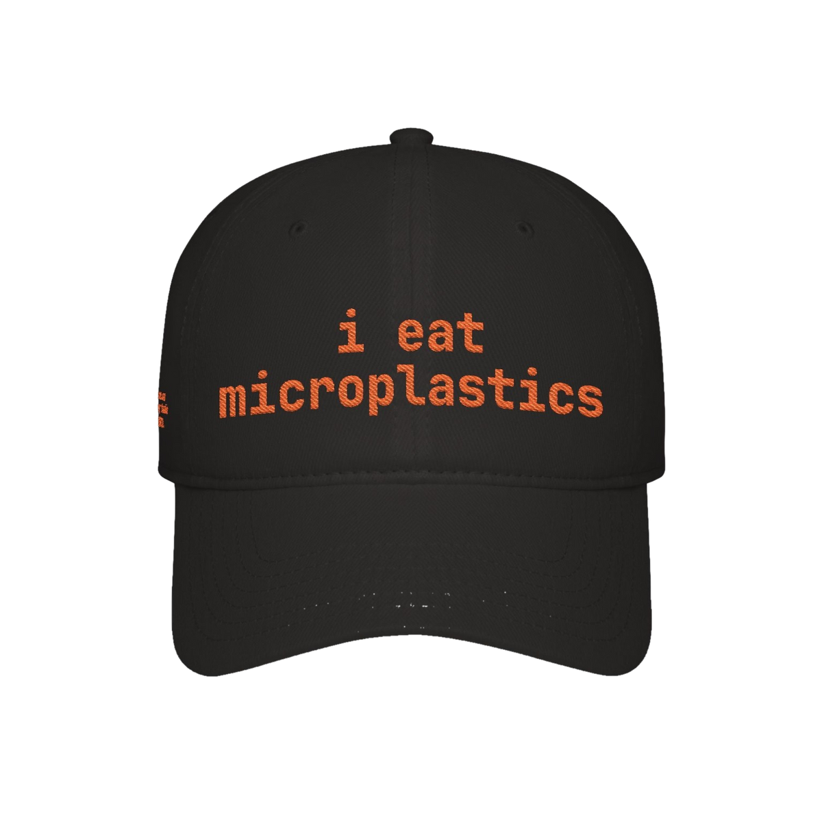 Black INMC i eat microplastics embroidered cap front view
