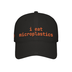 Black INMC i eat microplastics embroidered cap front view