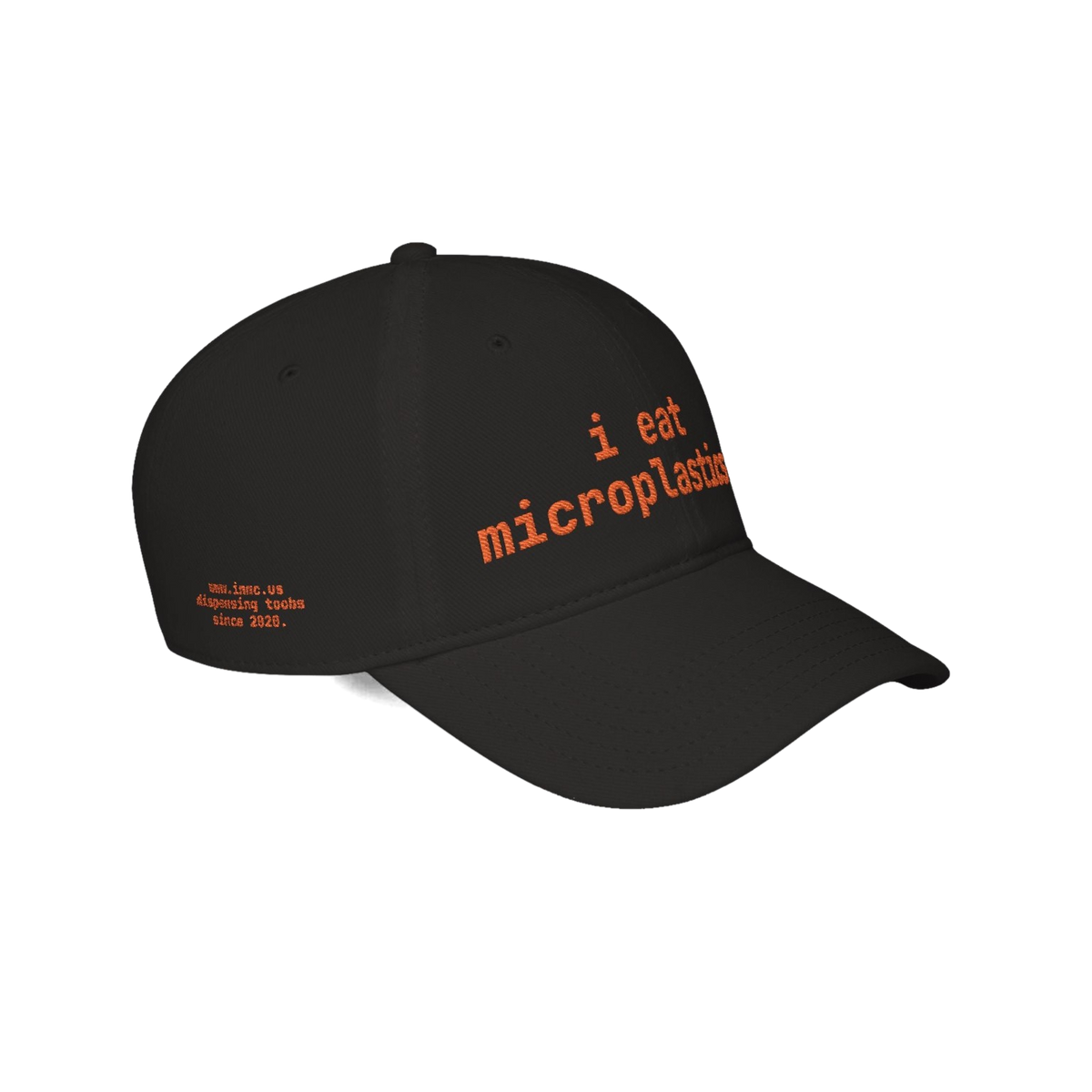 Black INMC i eat microplastics embroidered cap side branding view