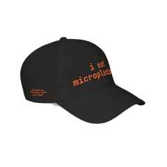 Black INMC i eat microplastics embroidered cap side branding view
