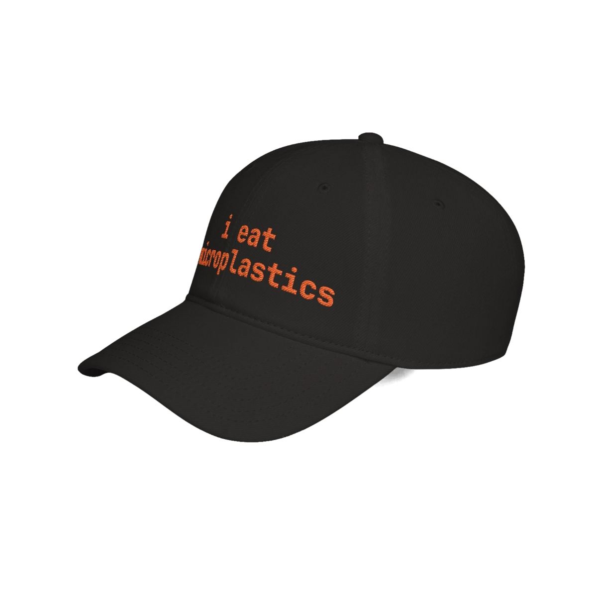 Black INMC i eat microplastics embroidered cap angled view