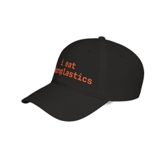 Black INMC i eat microplastics embroidered cap angled view